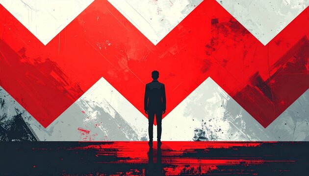 Silhoutte of a business man in front of a grunge wall with a red zigzag, symbolizing business challenge, strategy, decision making, risk management, leadership under pressure, illustration