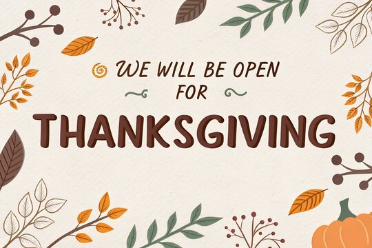 We Will Be Open for Thanksgiving Sign with Autumn Leaves