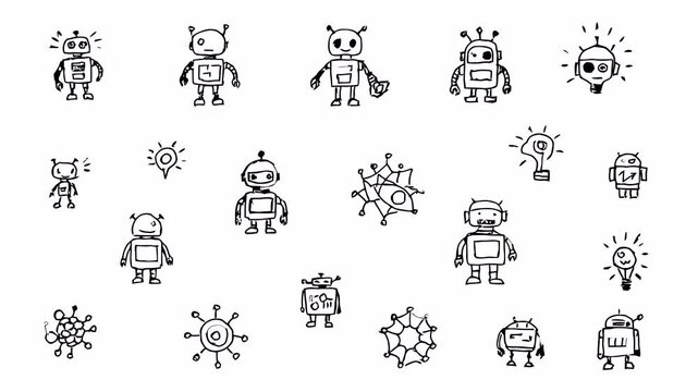Hand-drawn doodle animation of various robots and AI icons, black line sketches with alpha channel on transparent background.