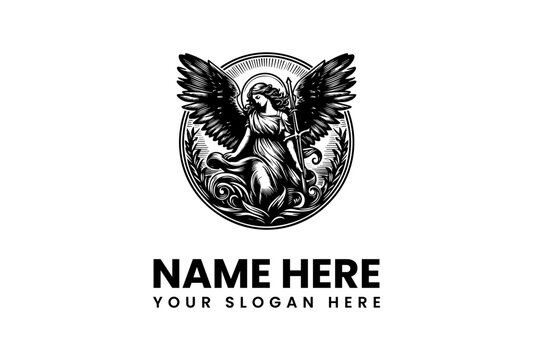 Vintage angel of justice with wings and sword, classic mythological goddess emblem vector logo illustration design