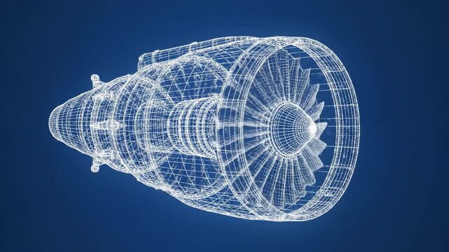 Wireframe rendering of a jet engine on a blue background illustrates intricate aerospace engineering, advanced technology, and innovative design for future aviation solutions