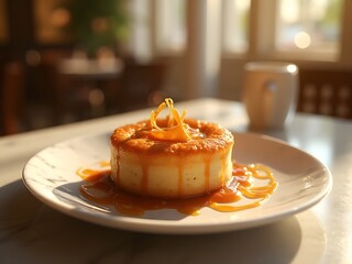 Golden Macadamia Delight: A luxurious dessert featuring golden-baked macadamia tart with caramel drizzle, served on a marble plate with soft sunlight reflection, elegant café setting.