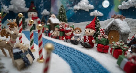 Christmas diorama with sparkling trees and gift piles.