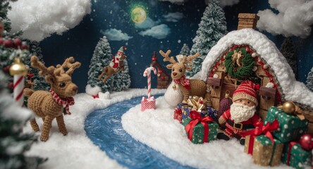 Tiny North Pole scene with elves, igloo hut and wrapped presents. 