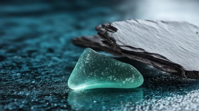 Still life composition with a piece of sea glass reflecting and a textured dark rock