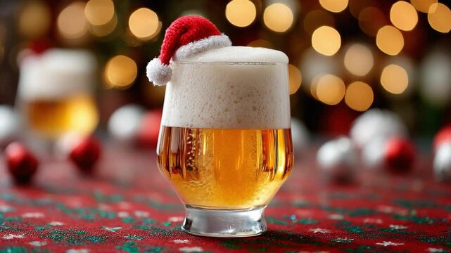 Festive Brew: A refreshing glass of beer adorned with a miniature Santa hat sits amidst the enchanting sparkle of holiday decorations, perfect for seasonal cheer.