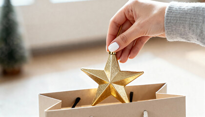 A woman's hand places a gold star ornament into a paper gift bag. Christmas shopping and holiday preparation concept. Festive season gift wrapping with copy space