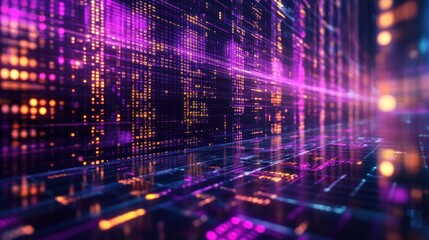 Abstract glowing city grid with neon lights, digital and futuristic