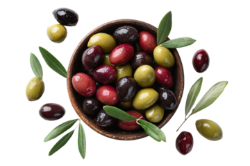 a bowl of olives with leaves and olives