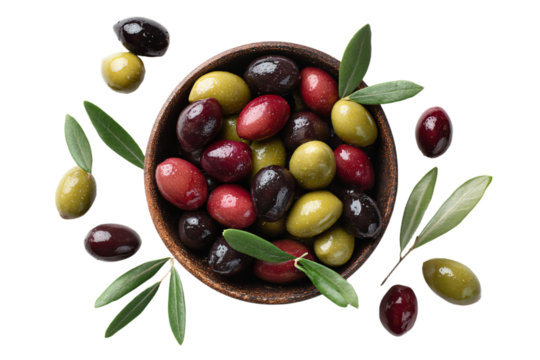a bowl of olives with leaves and olives