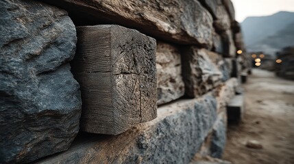 Close-up of a stone wall with wooden support beams along a pathway