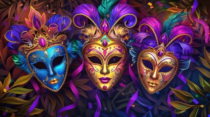 Three colorful masquerade masks with intricate designs and feathers. The masks are blue, gold, and white, set against a vibrant background of leaves and ribbons.