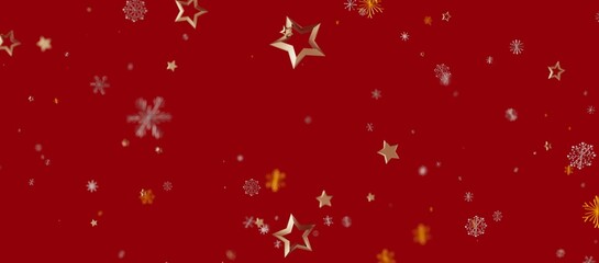 Christmas background with golden stars, snowflakes on a red backdrop. Perfect for holiday greetings and festive designs. Suitable for
