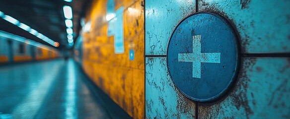 A shallow depth of field photo shows a blue circular sign with a white plus symbol on a tiled wall in a 