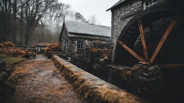 A rustic watermill stands near trees, water flows, foggy atmosphere and a path ahead