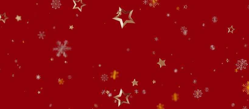 Christmas background with golden stars, snowflakes on a red backdrop. Perfect for holiday greetings and festive designs. Suitable for