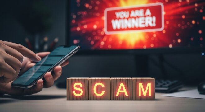 Online scam alert on a mobile phone wooden blocks spell out scam fraud concept