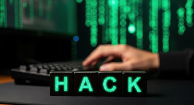 Hacker coding on a computer with the word HACK spelled out in glowing letters concept for cybersecurity and data breach