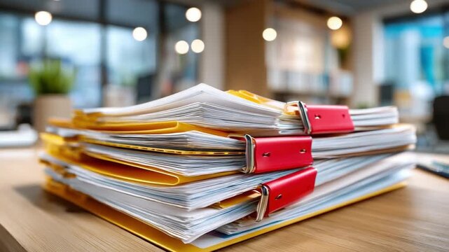 Organized Documents Stacked on Desk: A neat stack of paperwork sits on a desk in an office environment, the organized papers held together by clips indicating focus on order.