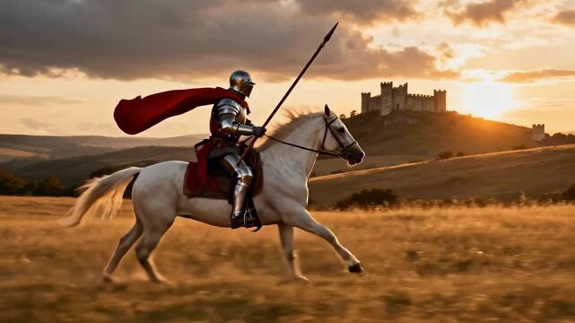 A medieval knight in armor riding a white horse at sunset. Epic warrior with a red cape and spear on a journey to a distant castle. Heroic fantasy and history concept