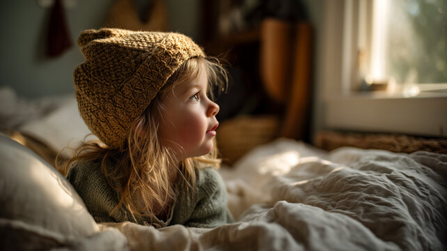Young girl gazes out the window with curiosity, wearing a knitted hat, nestled in a cozy bed bathed in gentle sunlight.