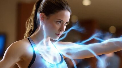 Radiant Power: A determined woman, radiating energy, harnessing supernatural abilities, symbolizing strength and focus.