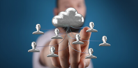 Abstract image showing cloud computing and networking concept. A hand touches the cloud, representing connectio