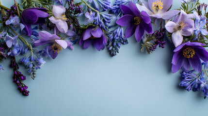 Purple and blue floral arrangement on light blue background flowers lavender