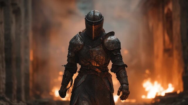 Brave Knight in Armor Walking Through Fiery Ruins