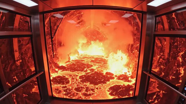 Futuristic elevator car descends through a volcanic tunnel of glowing molten lava, a surreal, perilous sci-fi journey evoking extreme heat, danger and otherworldly exploration