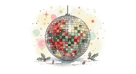 Colorful Christmas disco ball ornament with holly and festive background, New Year’s Eve