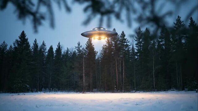 A mysterious UFO flying saucer ascends from a snowy forest at night. Alien spaceship with bright light beams taking off. Sci-fi visual effects animation
