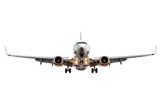 Commercial airplane landing front view on transparent background with landing gear down