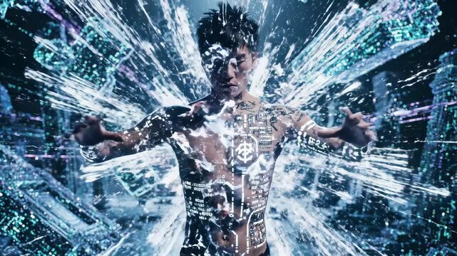 Asian man creating a vibrant energy sphere between his hands while digital code patterns project onto his skin within a futuristic virtual world of floating data structures