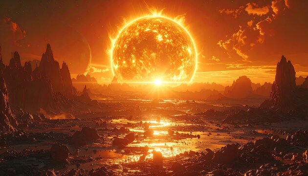 A sun rises over a rocky, alien landscape, casting an orange glow and reflecting in pools of liquid - Powered by Adobe