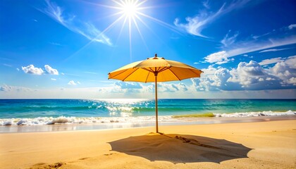 A sunlit beach with an umbrella, waves crashing, and a clear blue sky with fluffy clouds, radiating warmth