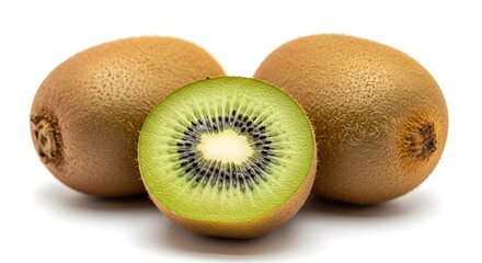 Fototapeta premium Kiwi Fruit Trio: Whole and Slice on White