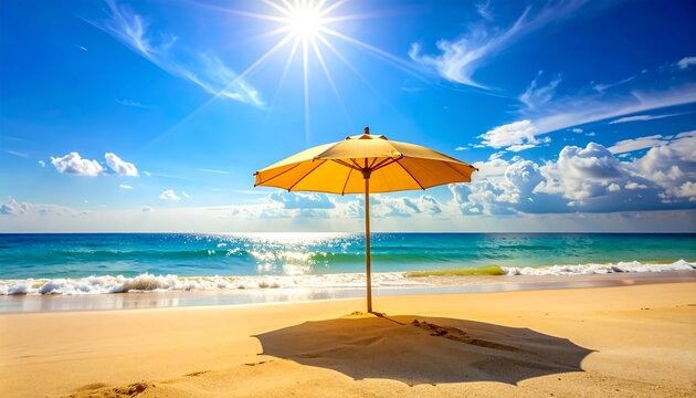 A sunlit beach with an umbrella, waves crashing, and a clear blue sky with fluffy clouds, radiating warmth - Powered by Adobe