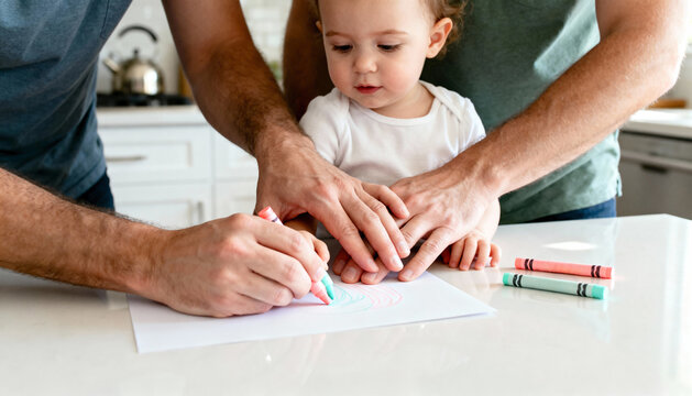 Two fathers helping their young child draw with crayons on a kitchen counter. A gay couple enjoying a creative family moment at home. LGBTQ parenting and learning concept
