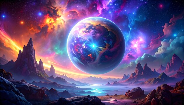 A vibrant alien landscape with a glowing planet and colorful, dreamy sky filled with clouds and stars