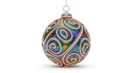 Colorful iridescent Christmas ornament with swirling metallic patterns isolated on white
