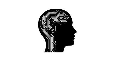A silhouette of a head with circuit board design inside representing artificial intelligence concept