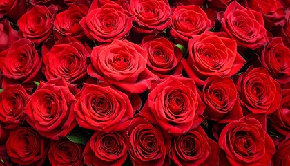A vibrant, close-up view of tightly packed, blooming red roses creating a rich, velvety texture