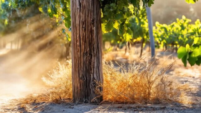 Sunlight streams through a vineyard, illuminating a weathered wooden post, amidst dry grass