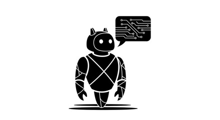 Illustration of a black robot with circuit board in speech bubble on a white background