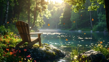 A sunny forest lake scene featuring a wooden chair with butterflies and mossy rocks