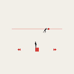 Conceptual illustration of businessmen interacting with a video player timeline, symbolizing time management, corporate control, progress, and workflow dynamics.