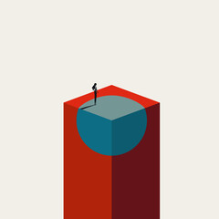 Conceptual vector illustration of a businesswoman standing on a 3D geometric shape, symbolizing business transformation, innovation, adaptability, and strategic change.