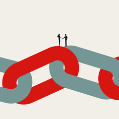 Vector illustration of a businessman and businesswoman shaking hands on a giant chain, symbolizing strong partnership, teamwork, gender equality, and connection.
