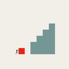 Vector illustration of a businesswoman silhouette pushing a red block to complete a staircase, symbolizing self-made success, building a career path, and solving obstacles.